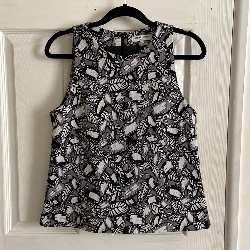 Opening Ceremony Jacquard Black and White Leaf/Tropical Pattern Blouse